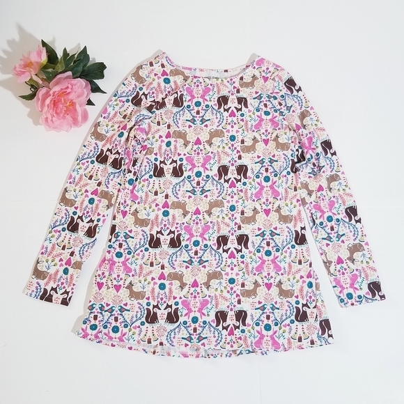 LANDS END Girsl Holiday Ivory Forest Animal Colorfull Tunic Dress Medium 10-12 - Picture 2 of 10